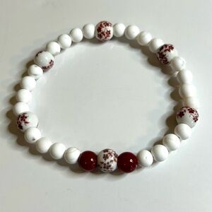 Cherry Blossom - Delicate Red and White Beaded Stretch Bracelet